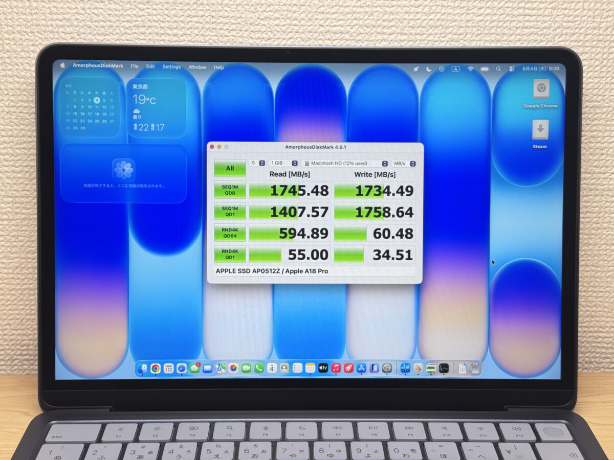 MacBook Neo CrystalDiskMark計測画面