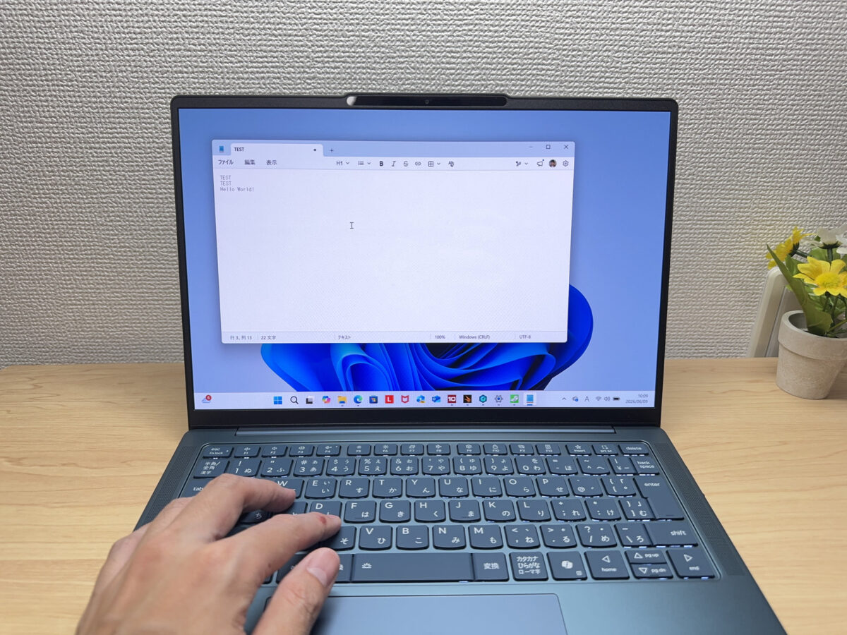 実際にメモ帳へタイピングしている様子