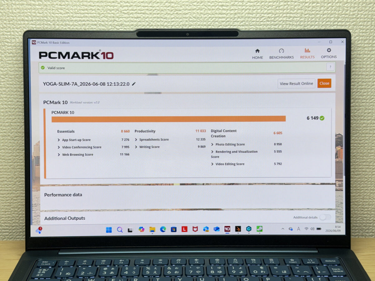 PCMark 10のベンチマーク結果画面