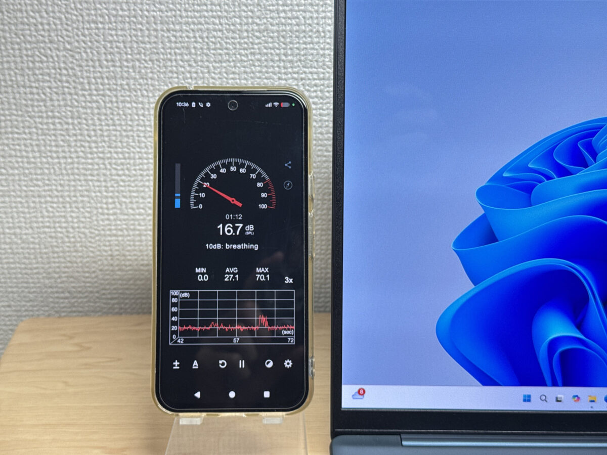 アイドル時の騒音を計測するアプリの表示
