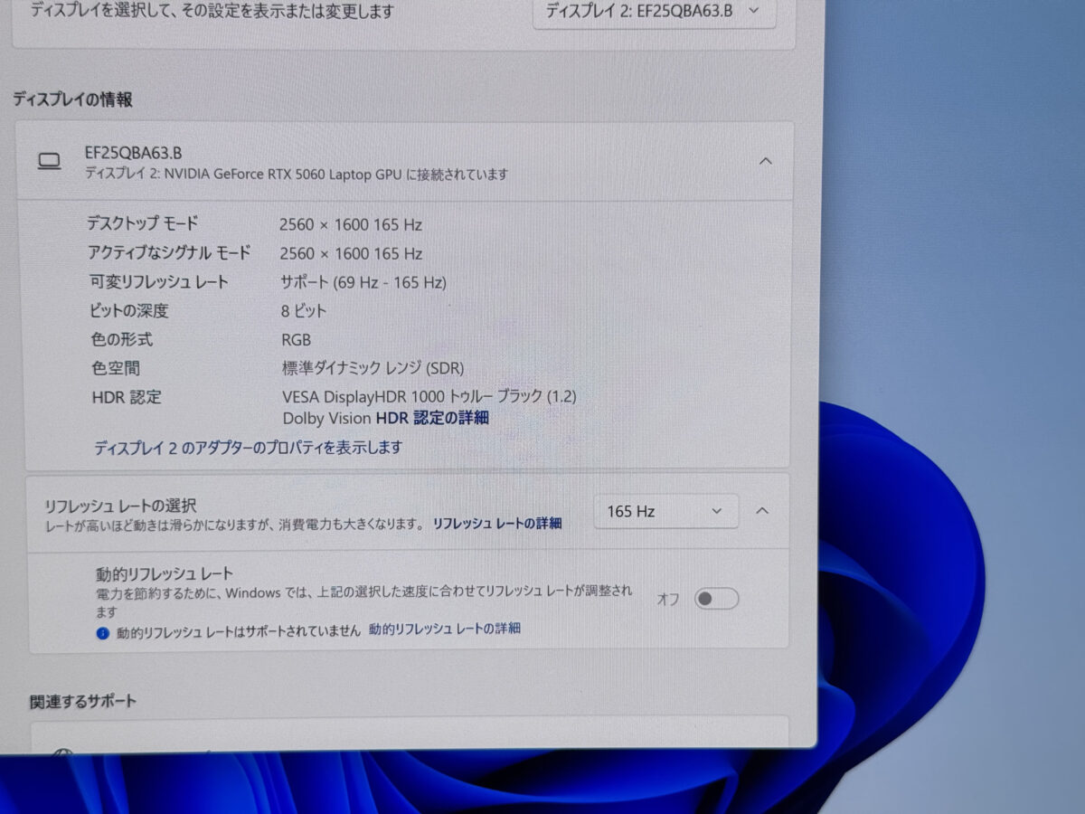 2560×1600・165Hz・Dolby Vision HDR対応を確認