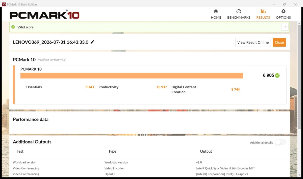 PCMark 10のベンチマーク結果画面