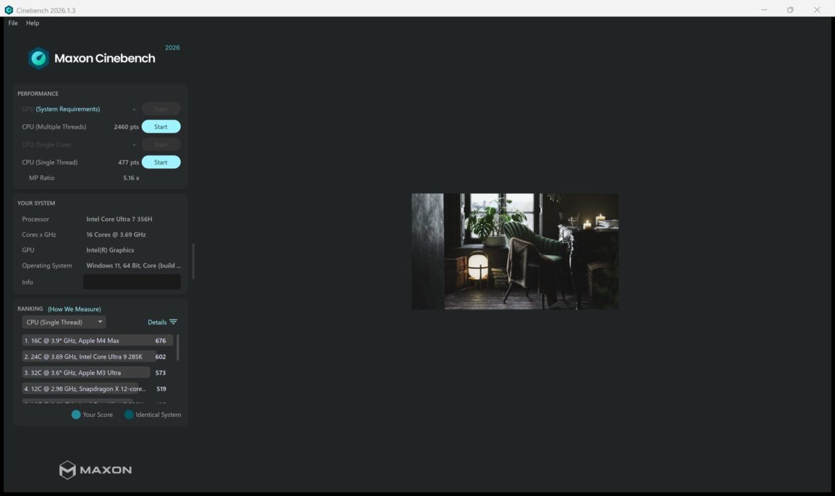 Cinebench 2026のスコア画面