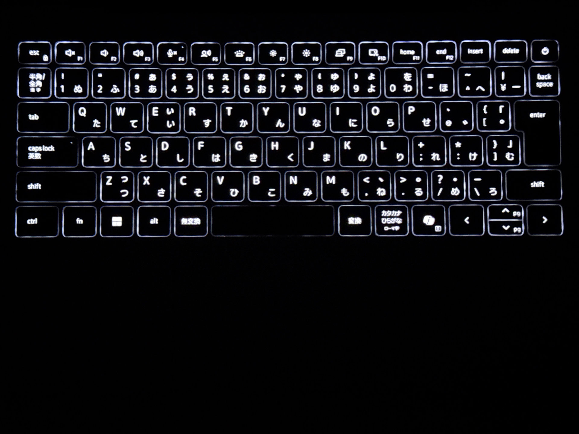 バックライトが点灯したキーボード