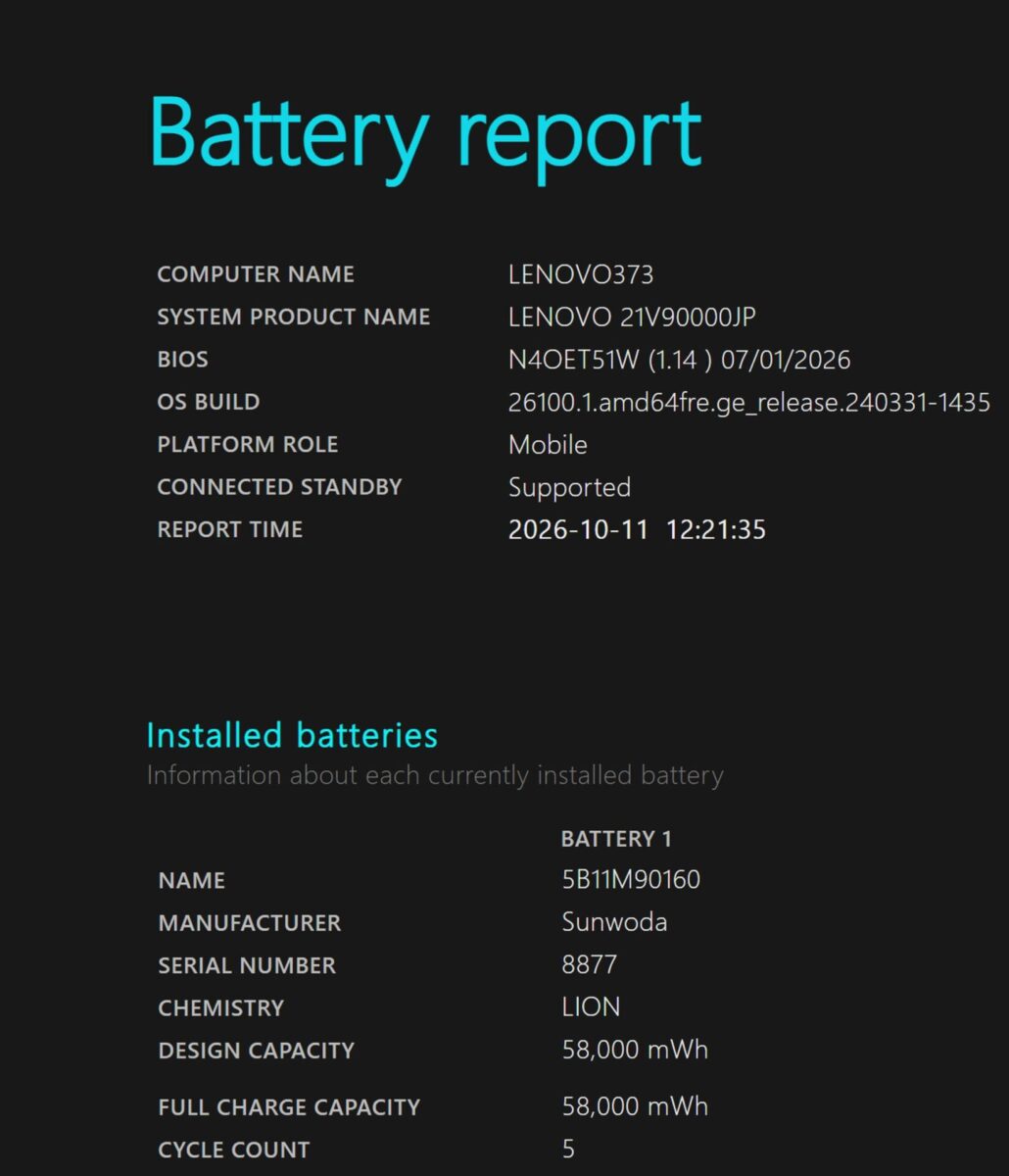 Battery reportの画面